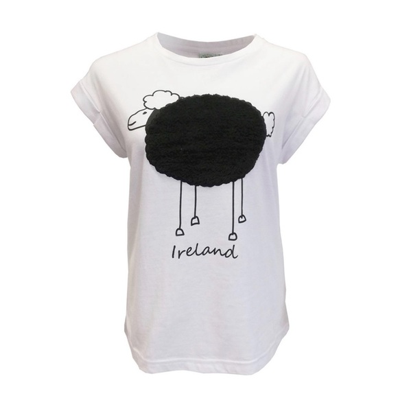 Traditional Craft Wear Tops - White Plush Sheep Rolled Sleeve Ladies T-Shirt Women's White Sheep Graphic Tee